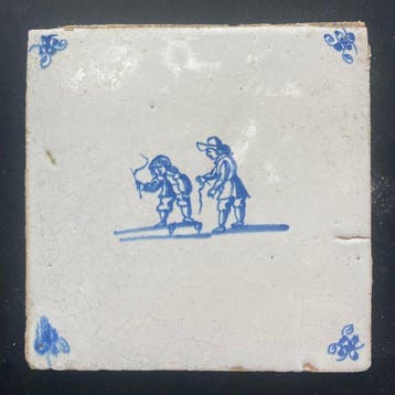 Tegel - Antieke Delfts blauwe tegels met kinderspelen,, Antiek en Kunst