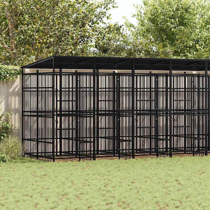vidaXL Hondenkennel met dak 14,75 m² staal, Dieren en Toebehoren, Hondenbenches, Nieuw, Verzenden