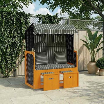 vidaXL Strandstoel met kussens poly rattan en hout zwart en, Tuin en Terras, Verzenden, Nieuw
