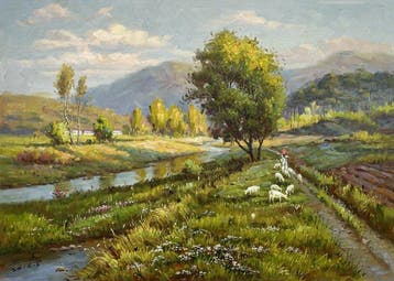 Xu Yanchun - Rebaño de ovejas al atardecer en el campo