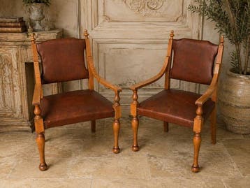 Fauteuil (2) - Hout, Leder - Fauteuil vintage