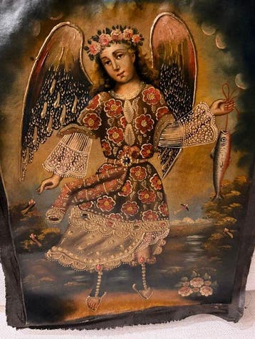 Cuzco School - Archangel Raphael fishing - 31 x 41 cm