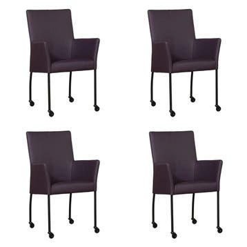 Set van 4 Leren eetkamerstoelen Comfort met wieltjes en, Ophalen of Verzenden