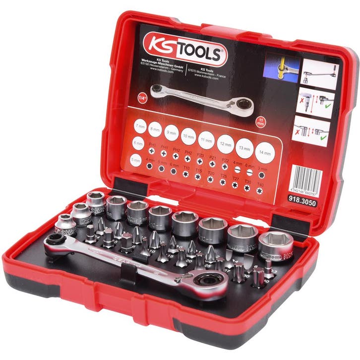 KS Tools 1/4 + 11 mm Doorgaande Dopsleutel Bitset 31-delig, Auto diversen, Autogereedschap, Nieuw, Verzenden