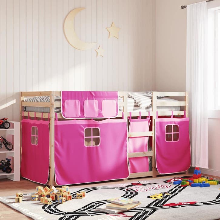 vidaXL Stapelbed met gordijnen 90x190 cm grenenhout roze, Huis en Inrichting, Slaapkamer | Bedden, Nieuw, Verzenden