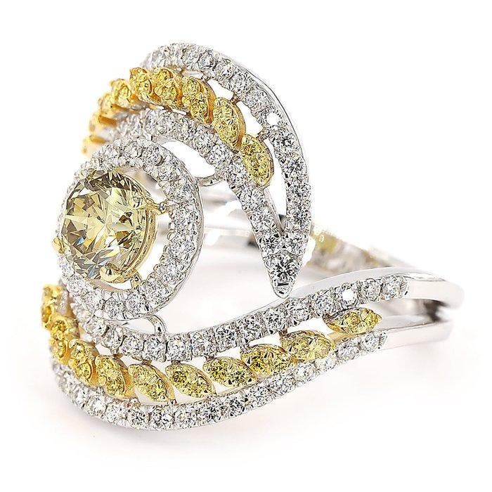 Statement ring - 18 karaat Witgoud - 1.45ct. tw. Geel, Bijoux, Sacs & Beauté, Bijoux anciens