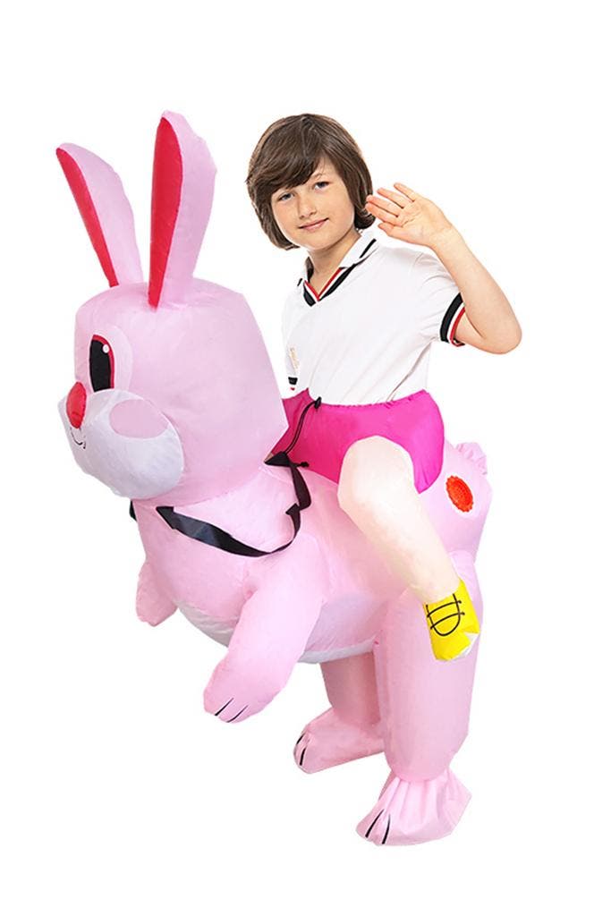 KIMU® Opblaas Kostuum Kinderen Zittend Op Konijn Roze 80 86, Kinderen en Baby's, Carnavalskleding en Verkleedspullen, Nieuw, Ophalen of Verzenden