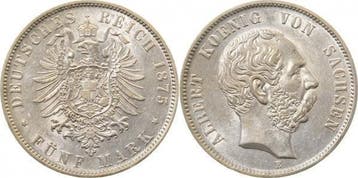 Duitsland 5 Mark Albert Koenig Sachsen 1875 E J 122 vz/st..., Verzenden, België