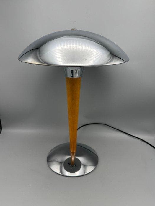 chroom en houten paddenstoel lamp - Tafellamp - Metaal, Hout, Antiek en Kunst, Curiosa en Brocante