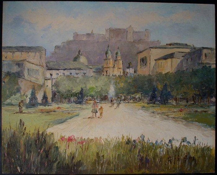 École autrichienne (XX) - Blick auf Salzburg, Antiek en Kunst, Kunst | Schilderijen | Klassiek