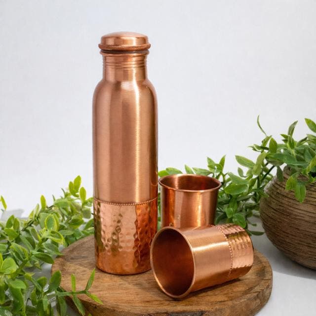 Puur koperen set van fles sequence ± 950 ml met 2 rechte, Sport en Fitness, Gezondheidsproducten en Wellness, Ophalen of Verzenden