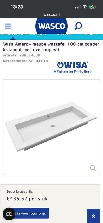 Wisa Amaro Wastafel 90 of 100cm Z. kraangat met overloop, Ophalen, Nieuw, Wastafel