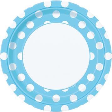 Lichtblauwe Borden Witte Stippen 22,2cm 8st, Verzenden, Nieuw