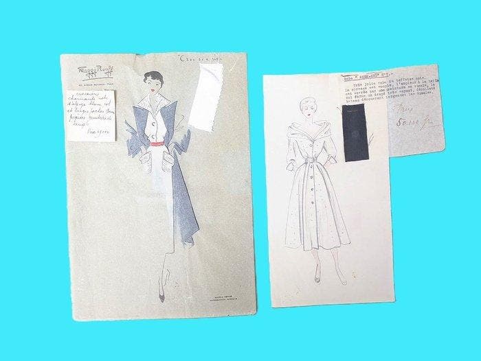 Maggy Rouff (1896-1971) - 2 Dibujos originales y muestra de, Antiquités & Art, Art | Peinture | Classique