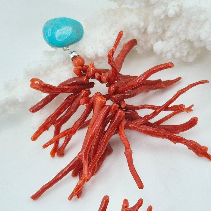 Bloedkoraal - Zilver - Oorbellen - Koraalrood en Turkoois, Antiek en Kunst, Curiosa en Brocante