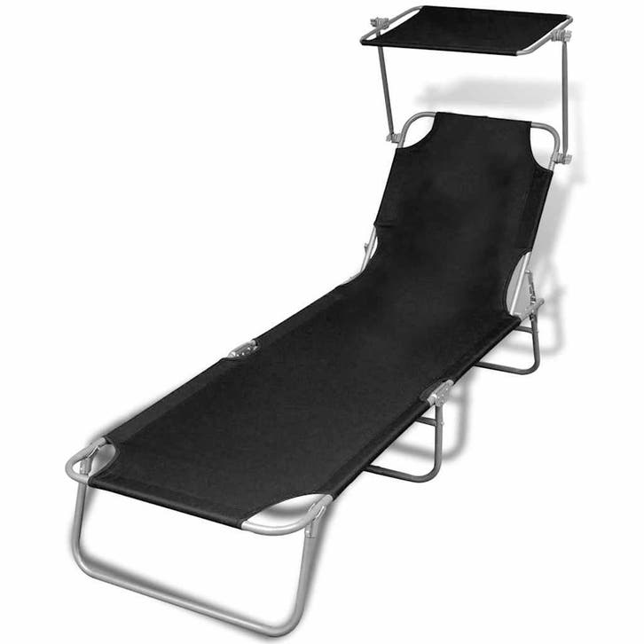 vidaXL Ligbed inklapbaar met luifel staal en stof zwart, Tuin en Terras, Ligbedden, Nieuw, Verzenden