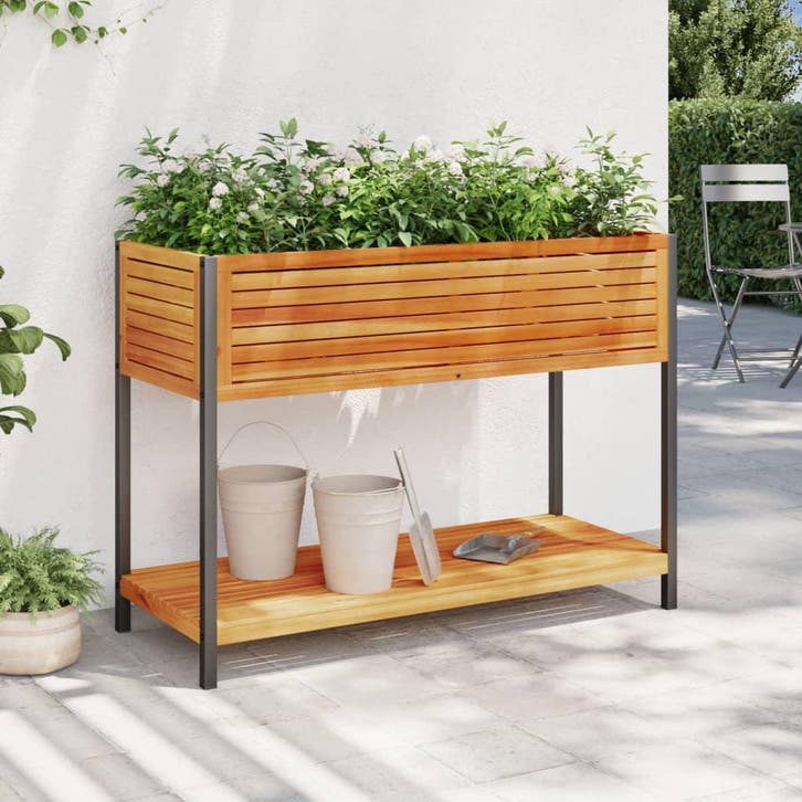 vidaXL Plantenbak met schap 110x45x80 cm massief acaciahout, Jardin & Terrasse, Pots de fleurs, Envoi