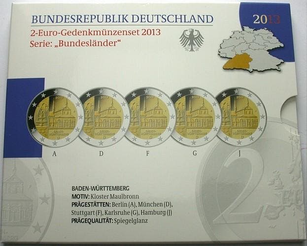 5 x 2 Euro 2013 A,d,f,g,j Duitsland Baden-wuerttemberg, Postzegels en Munten, Munten | Europa | Euromunten, België, Verzenden