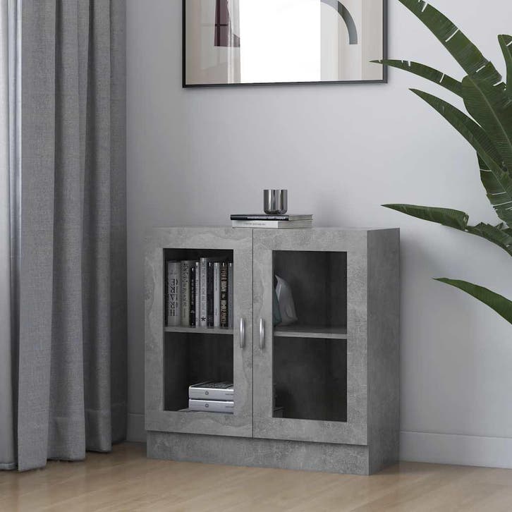 vidaXL Vitrinekast 82,5x30,5x80 cm bewerkt hout betongrijs, Huis en Inrichting, Kasten | Boekenkasten, Nieuw, Verzenden
