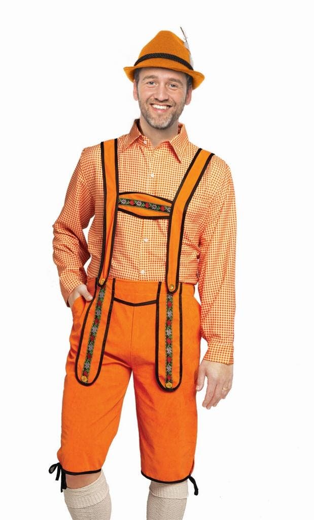 Lederhose Johann Oranje Lang, Hobby en Vrije tijd, Feestartikelen, Nieuw, Verzenden