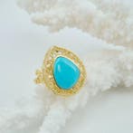 Turquoise - Argent, Plaqué or - Bague - Turquoise américain