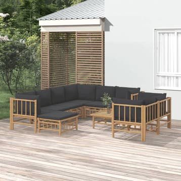 vidaXL 10-delige Loungeset met kussens bamboe donkergrijs, Verzenden, Loungeset