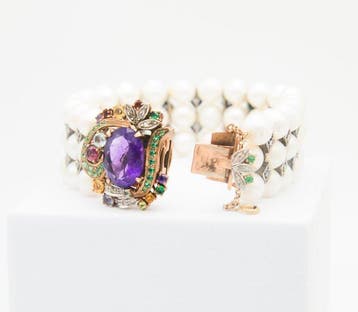 Armband - 14 karaat Roségoud, Zilver Parel - Diamant, Nieuw