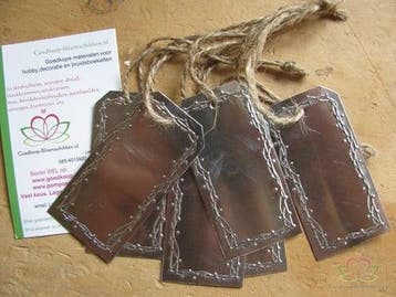 Metalen label te beschrijven 7x3,5 cm met jute 6 stuks, Nieuw