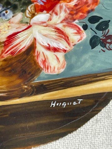 Signé HUGUET - Lijst- Prachtige miniatuur bloemcompositie -