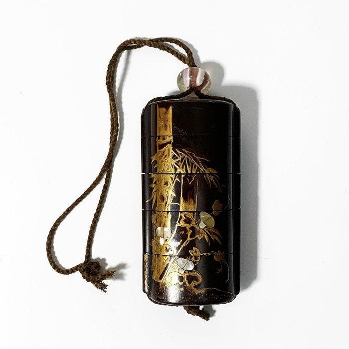 Ro-urushi Maki-e Raden Bamboe Vier-vakken Inro met Ojime -, Antiquités & Art, Antiquités | Autres Antiquités