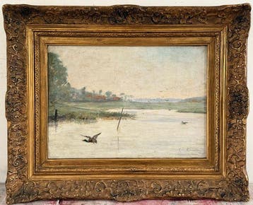 Continental school (XX) - A Lake scene with ducks in flight