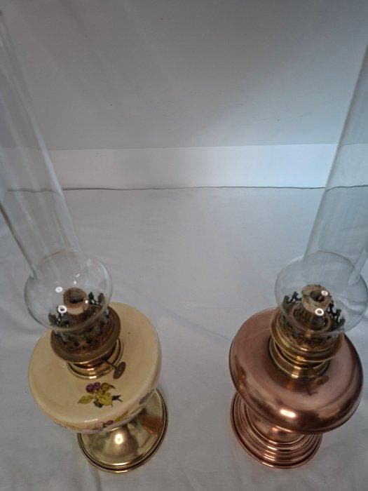Olielamp (2) - Koper - Messing - Porselein, Antiek en Kunst, Curiosa en Brocante