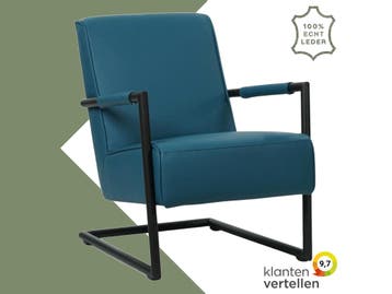 Leren fauteuil Lodge - Hermes Turquoise (blauw), Industrieel, Modern, Scandinavisch, Nieuw, Ophalen of Verzenden, 50 tot 75 cm