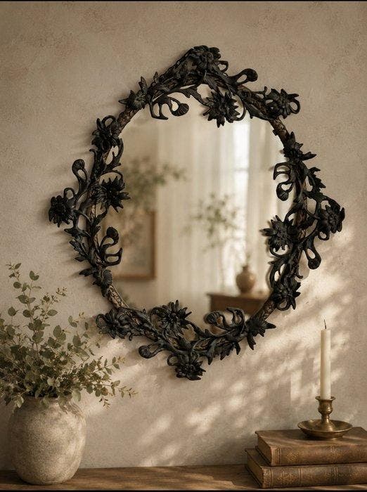 Wandspiegel - Gegoten messing - antiek handgemaakt frame, Antiek en Kunst, Curiosa en Brocante