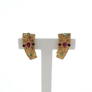 Gouden Oosterse oorstekers met robijn, saffier en smaragd, Handtassen en Accessoires, Oorbellen, Gebruikt, Ophalen of Verzenden