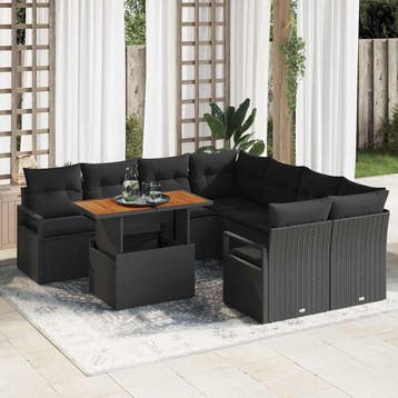 vidaXL Tuinbank Set 9 st Zwart Poly rattan, Verzenden, Nieuw