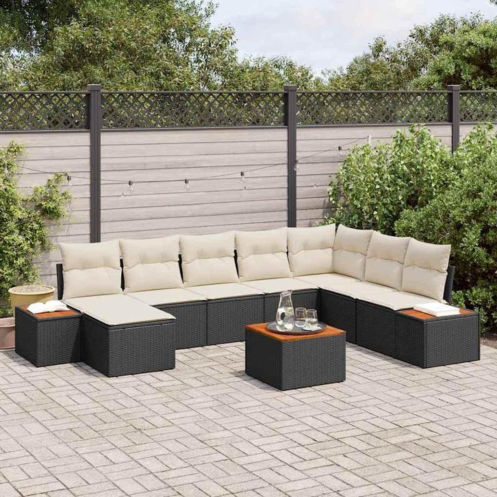 vidaXL Tuinbank Set met kussen 9 pcs Zwart Poly rattan, Jardin & Terrasse, Ensembles de jardin, Envoi