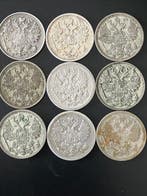 Rusland. Nicholas II. Lot of 9 coins: 15 Kopecks 1902/1913