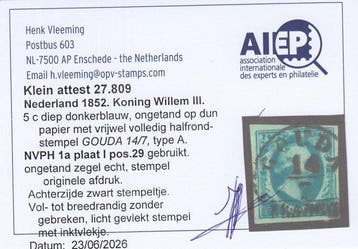 Nederland 1852 - Koning Willem III, in diep donkerblauw -
