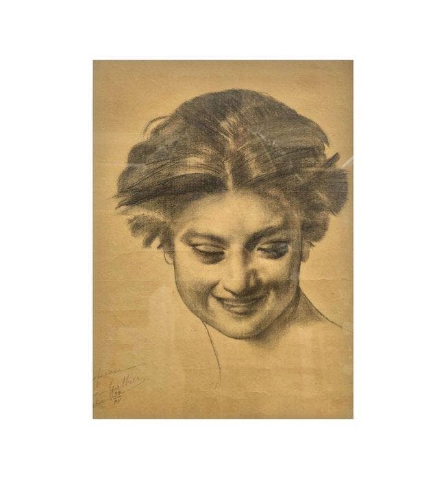 Spanish school (XX) - NO RESERVE - Academic Female Head, Antiek en Kunst, Kunst | Schilderijen | Klassiek