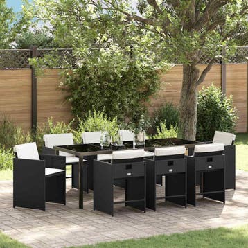 vidaXL Tuin Eettafel Set 9 st Zwart poly rattan, Verzenden, Nieuw