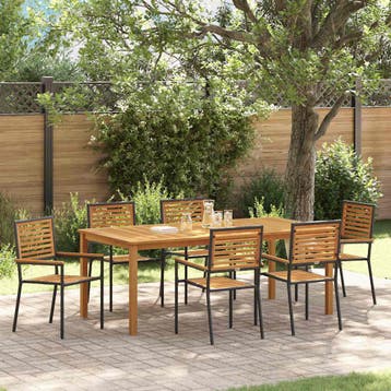 vidaXL Tuin Eettafel Set 7 st Zwart Massief Acacia Hout, Verzenden, Nieuw