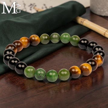 Elastische armband met jade, zwarte onyx en tijgeroog