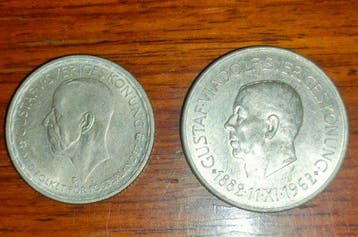 Zweden. Set of 2 coins: 2 & 5 Kronor 1942/1962, incl. 80th, Timbres & Monnaies
