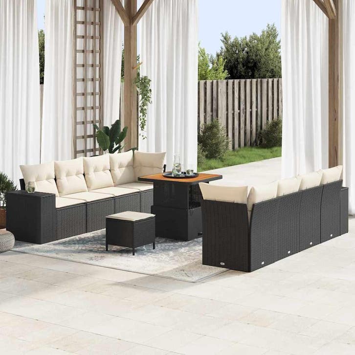 vidaXL Tuinbank Set met kussen 11 pcs Zwart en Crème poly, Tuin en Terras, Tuinsets en Loungesets, Nieuw, Verzenden