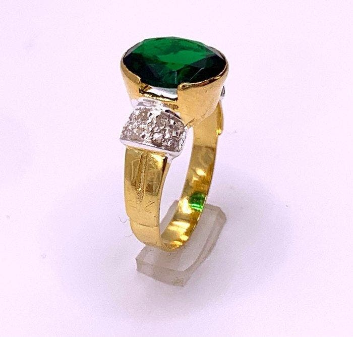 Zonder minimumprijs - Ring - 9 kt. Geel goud, Zilver Smaragd, Bijoux, Sacs & Beauté, Bagues
