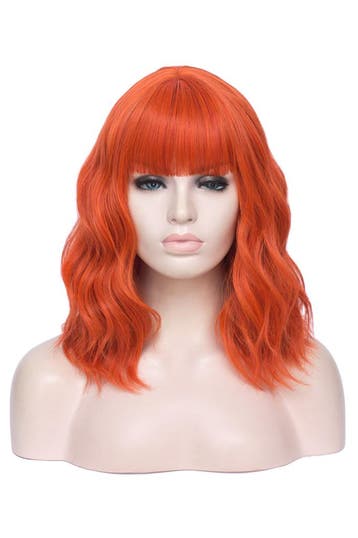 Luxe Oranje Pruik Schouderlengte Rechte Pony Krullen Rood Ne, Ophalen of Verzenden