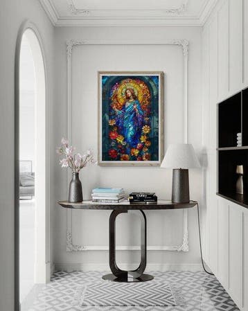 CREATIVE_HUB - Young Blue Madonna praying on stained glass