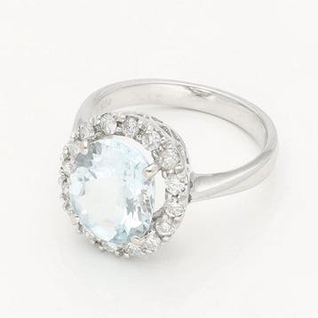 Bague - 14 carats Or blanc Aigue-marine - Diamant