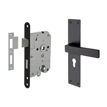 Deurbeslag set Nova zwart op schild met cilinder dag-en-n..., Doe-het-zelf en Bouw, Ophalen of Verzenden, Nieuw, IJzer, Klink of Kruk